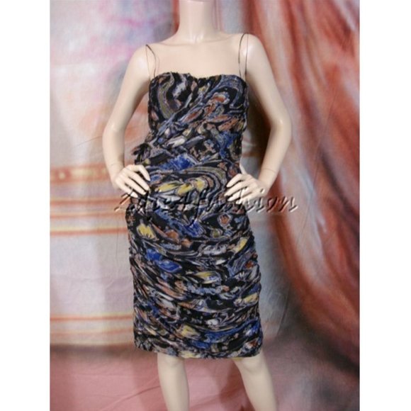 $2620 New BLUMARINE Strapless Blue Black Green Yellow Silk Art Print Dress 12